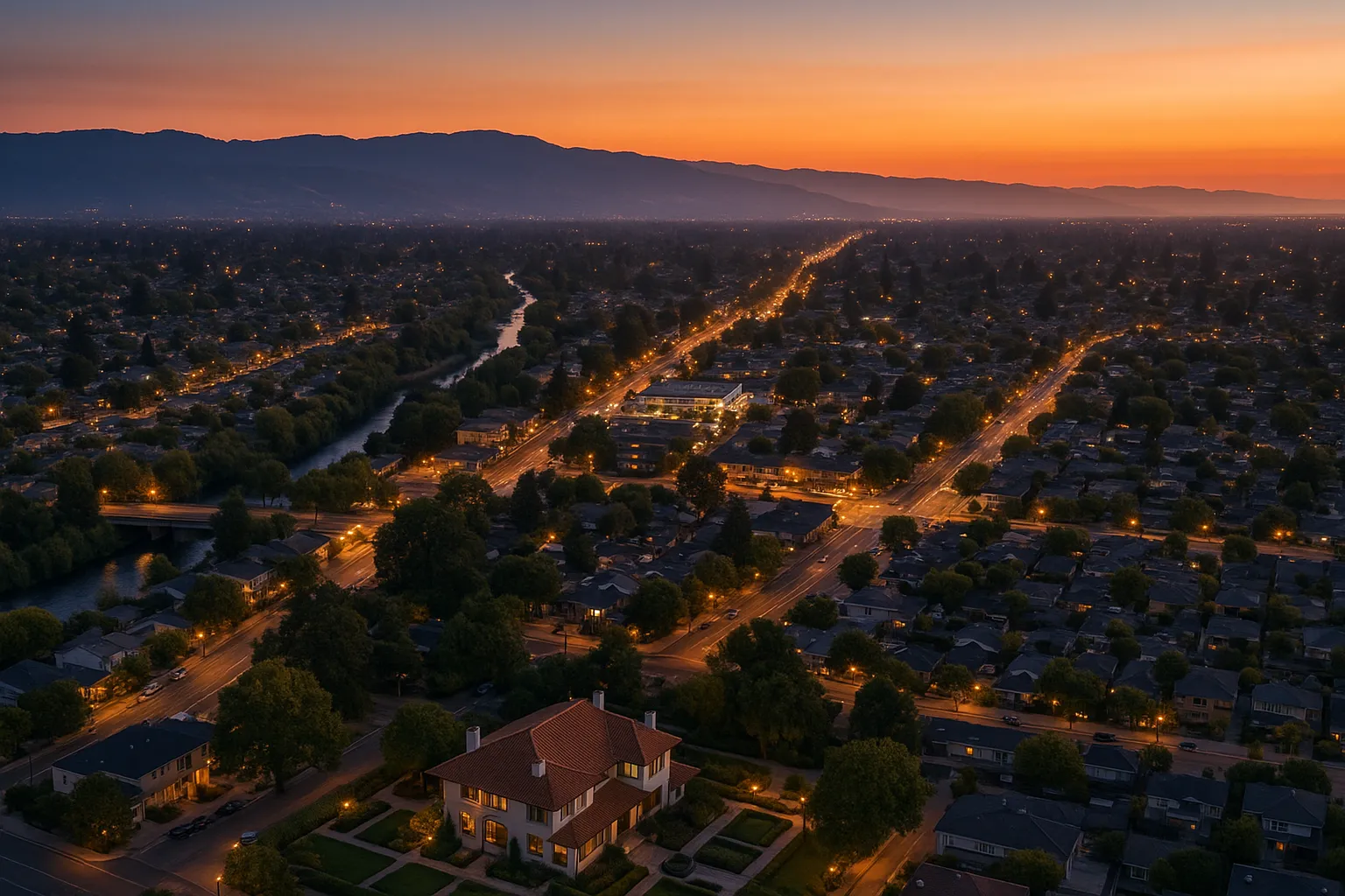 Aerial twilight view of Campbell featuring the historic Ainsley House Museum & Gardens with red-tile roof and formal gardens lit by street lamps, glowing downtown Campbell Avenue behind, the Los Gatos Creek corridor and distant foothills under a warm dusk sky.